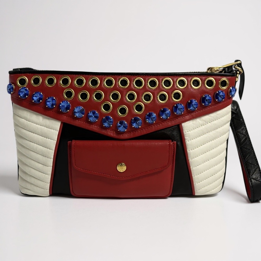 Miu Miu Nappa Biker Cry Vintage Rare red blue and white Studded Quilted Clutch✨ - Picture 1 of 10